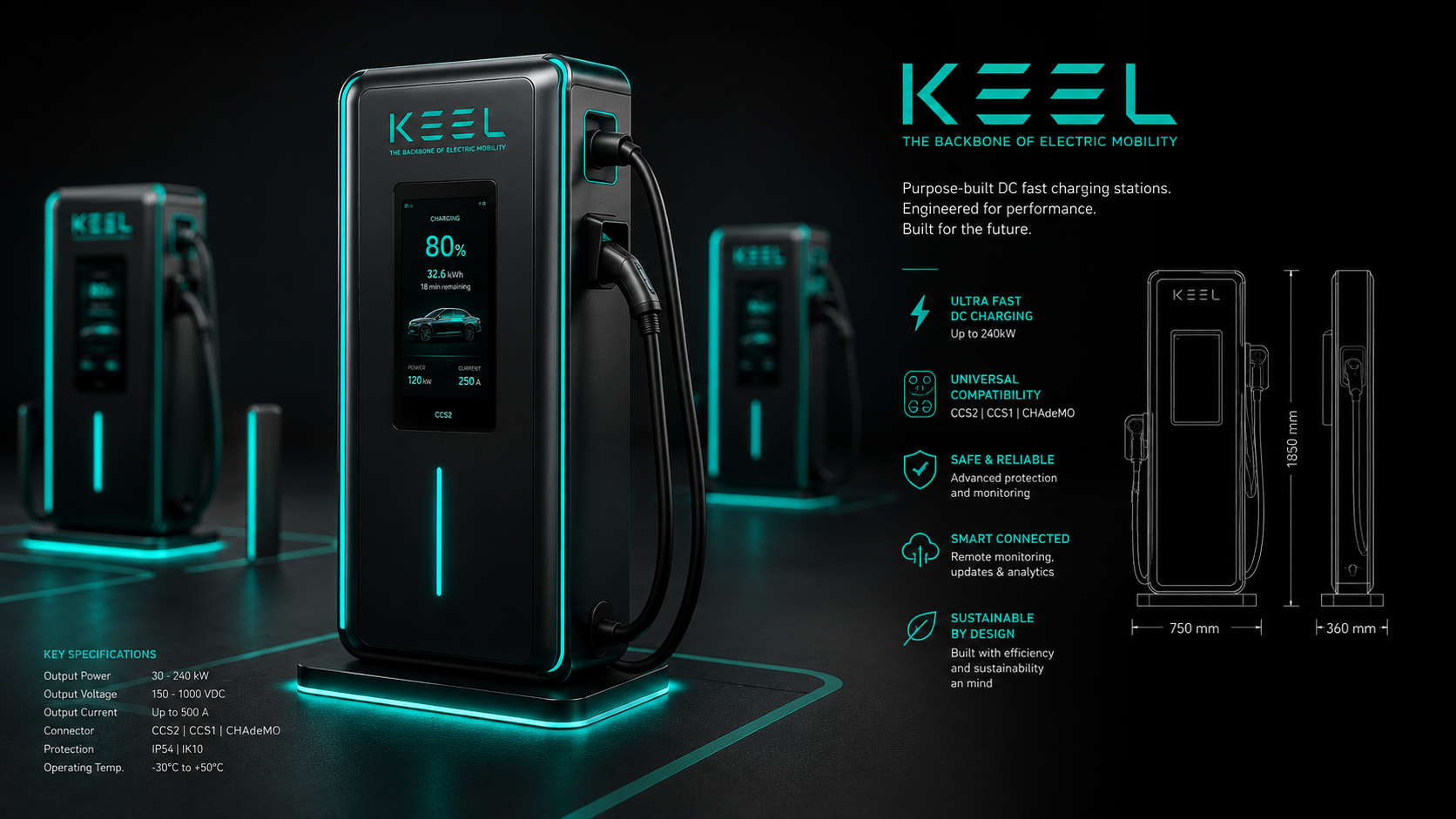 KEEL DC fast charging station — 30 to 240 kW output, CCS2/CCS1/CHAdeMO connectors, IP54 | IK10 protection, with smart connected monitoring