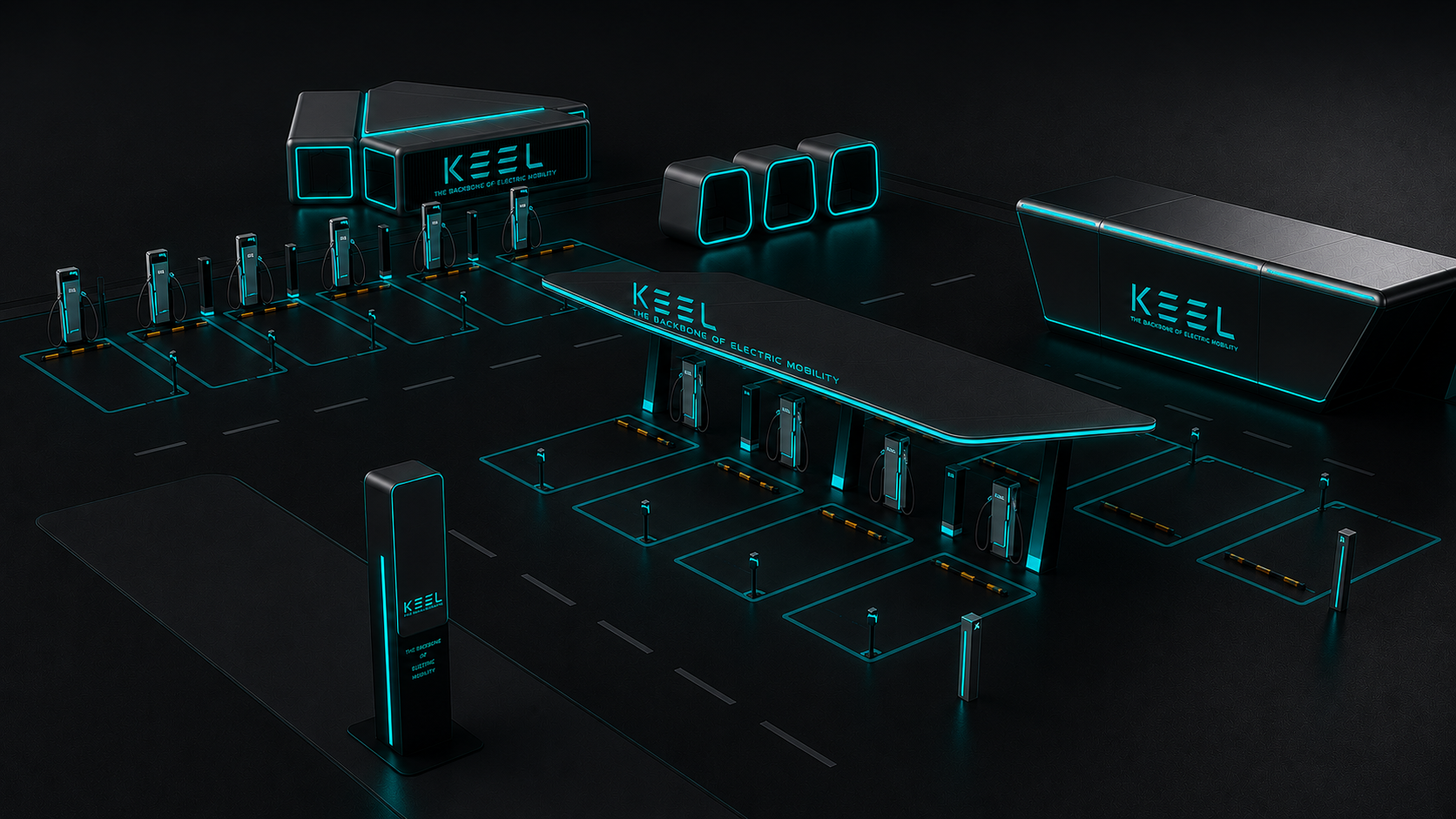 KEEL EV charging infrastructure — modular charging plaza with fast-charging stalls, energy cabinets and canopy hub illuminated in Keel teal